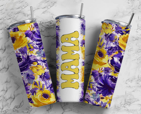 Mama Tumbler purple yellow flowers 20oz Skinny Straight Tumbler drinkware-with straw -water bottle -coffee mug cup travel tumbler