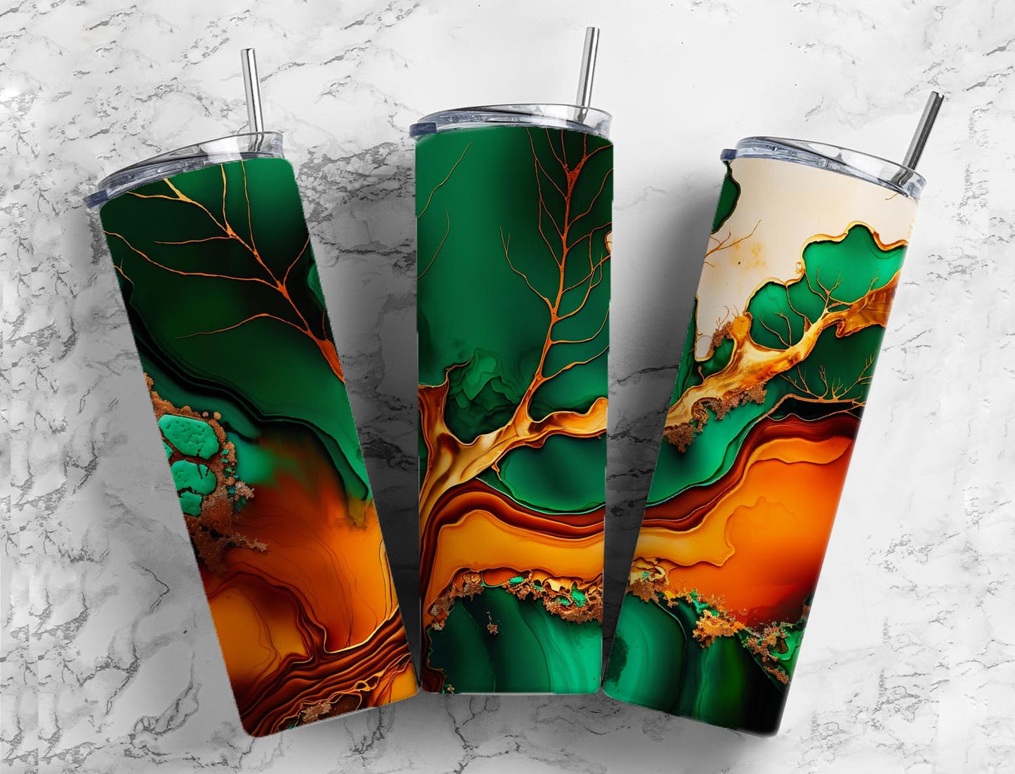 Marble Green orange 20oz Skinny Straight Tumbler drinkware-with straw -water bottle -coffee mug cup travel tumbler