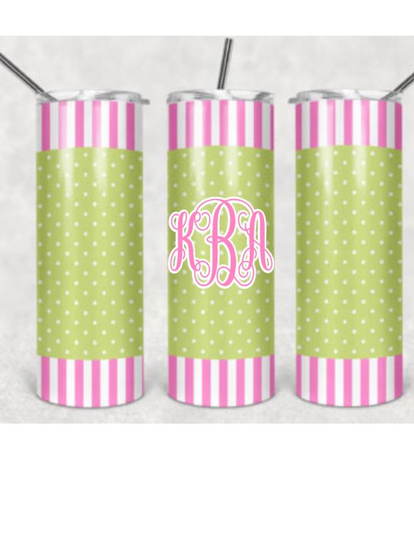 Monogram Ladies Pink 20oz Skinny Tumbler custom drink wear - with straw - Stainless Steel Cup