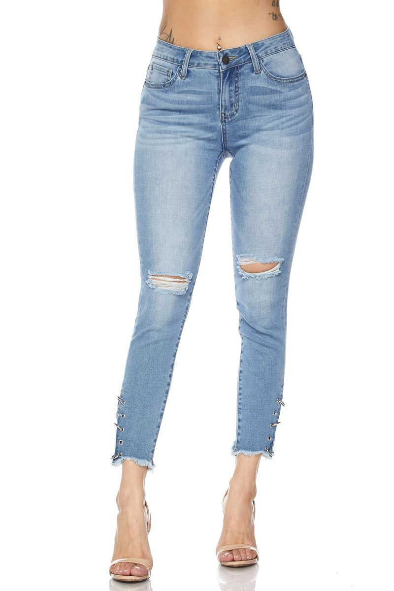 SKINNY DENIM JEANS WITH EYELET AND FRAY HEM - bottoms