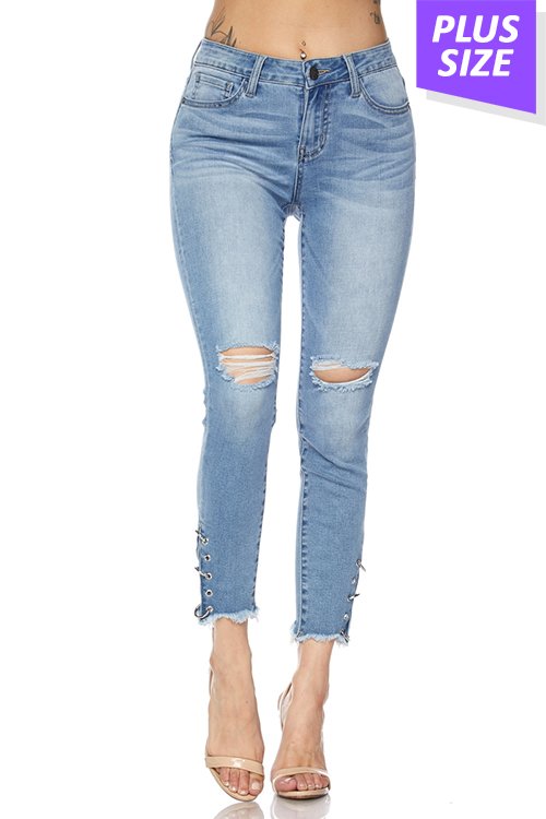 "SALE" SKINNY DENIM JEANS WITH EYELET AND FRAY HEM -plus size bottoms