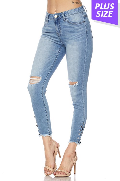 "SALE" SKINNY DENIM JEANS WITH EYELET AND FRAY HEM -plus size bottoms