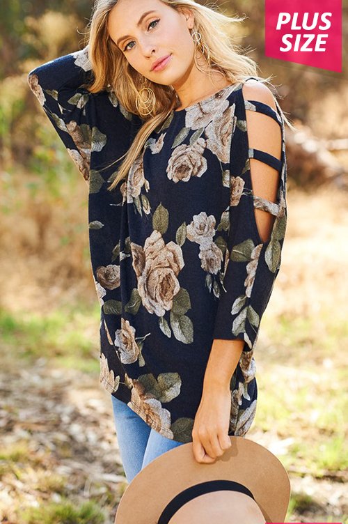 Floral top with cut out sleeves - Plus size - Navy