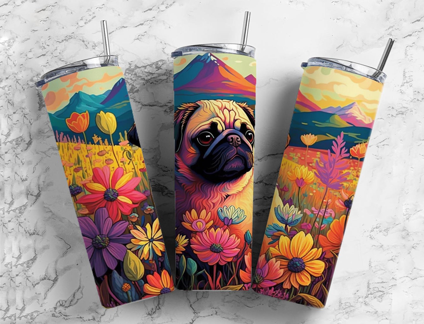 Pug Dog 20oz Skinny Straight Tumbler drinkware-with straw -water bottle -coffee mug cup travel tumbler