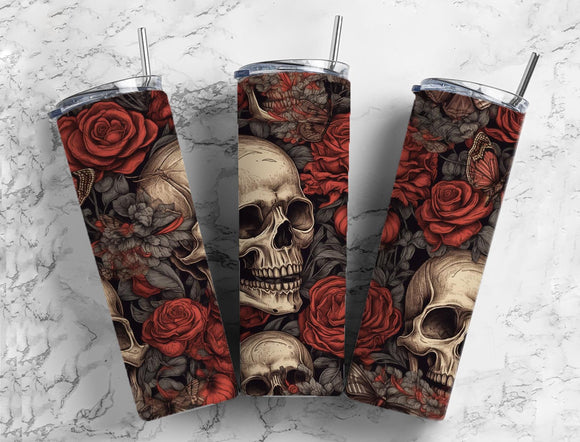 Skulls with Red Roses 20oz Skinny Straight Tumbler drinkware-with straw -water bottle -coffee mug cup travel tumbler