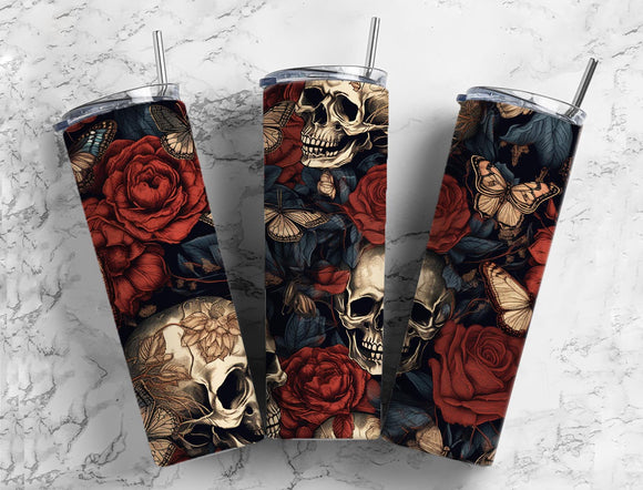 Skulls Red Roses and Butterflies 20oz Skinny Straight Tumbler drinkware-with straw -water bottle -coffee mug cup travel tumbler