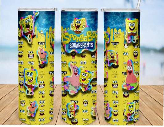 Spongebob 20oz Skinny Tumbler custom drinkware - with straw - Stainless Steel cup -