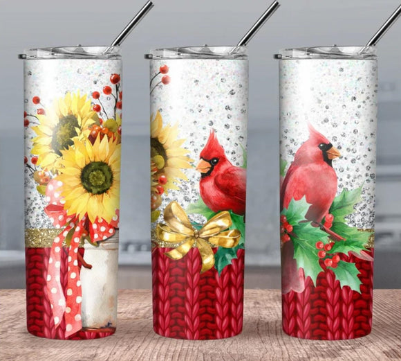 Sunflowers and Red Cardinals Christmas 20oz Skinny Tumbler custom drinkware - with straw - Stainless Steel cup